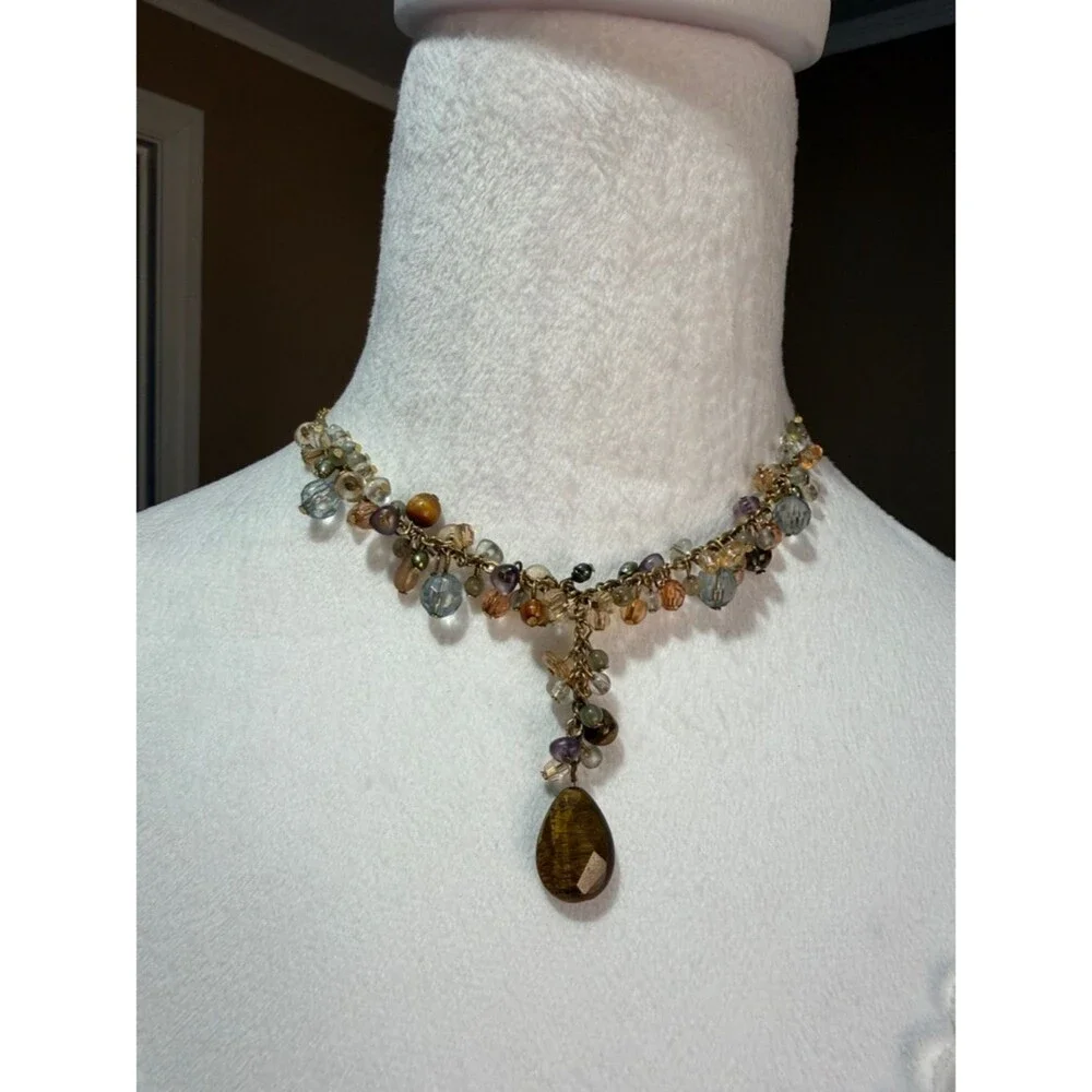 Vintage Avon Beaded Multi-Color Bib Choker/Necklace with Brown Teardrop Pendant